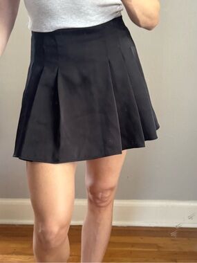 Black Pleated Satin Mini Skirt